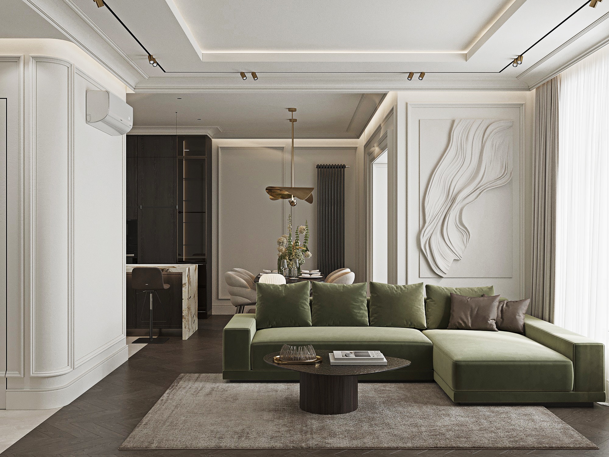 Living room, kitchen and green sofa — Crystal Springs 71