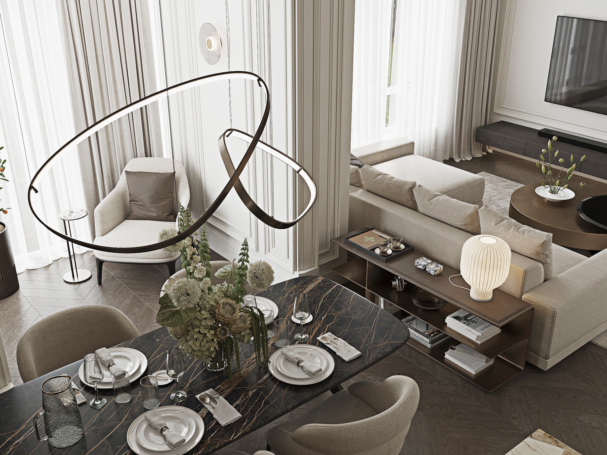 Crystal Springs living room with a sculptural pendant light