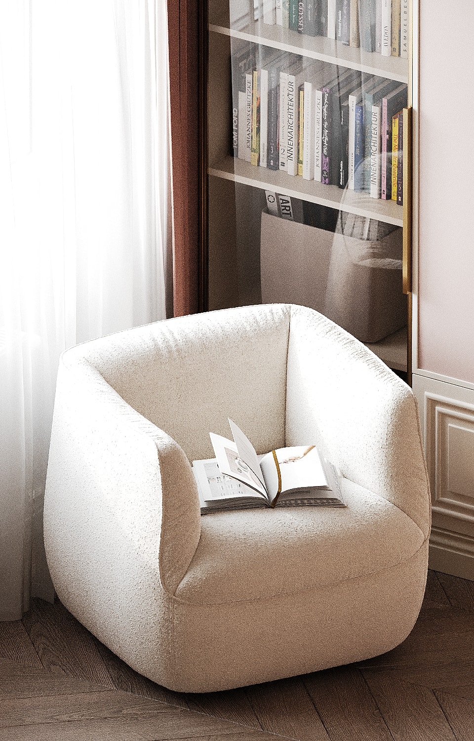 Armchair beside shelving in the rose room — Shukhevycha family residence / Sambir