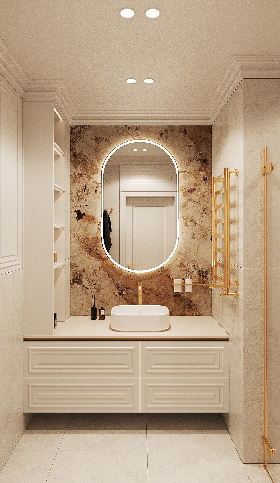 Guest bathroom with a round mirror — Shukhevycha family residence / Sambir