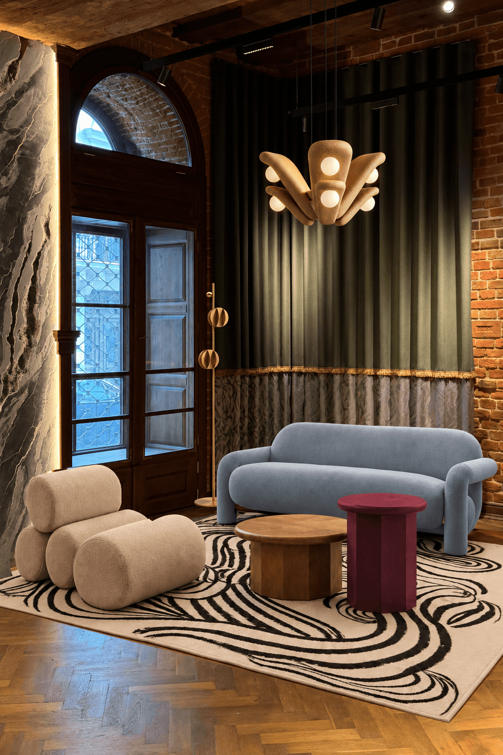 Concept Store interior scene with brick, dark drapery, stone, furniture, and sculptural lighting