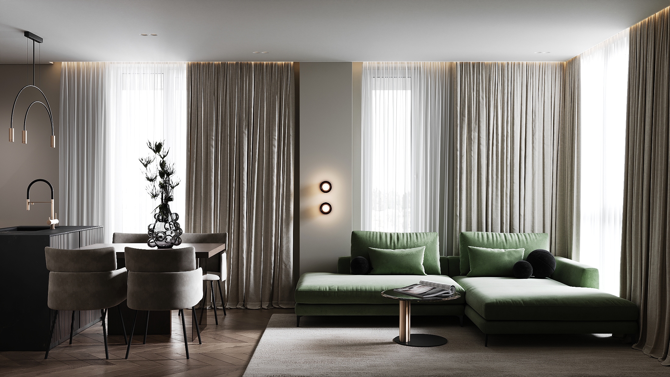 Living room with a green sofa — Residence 37
